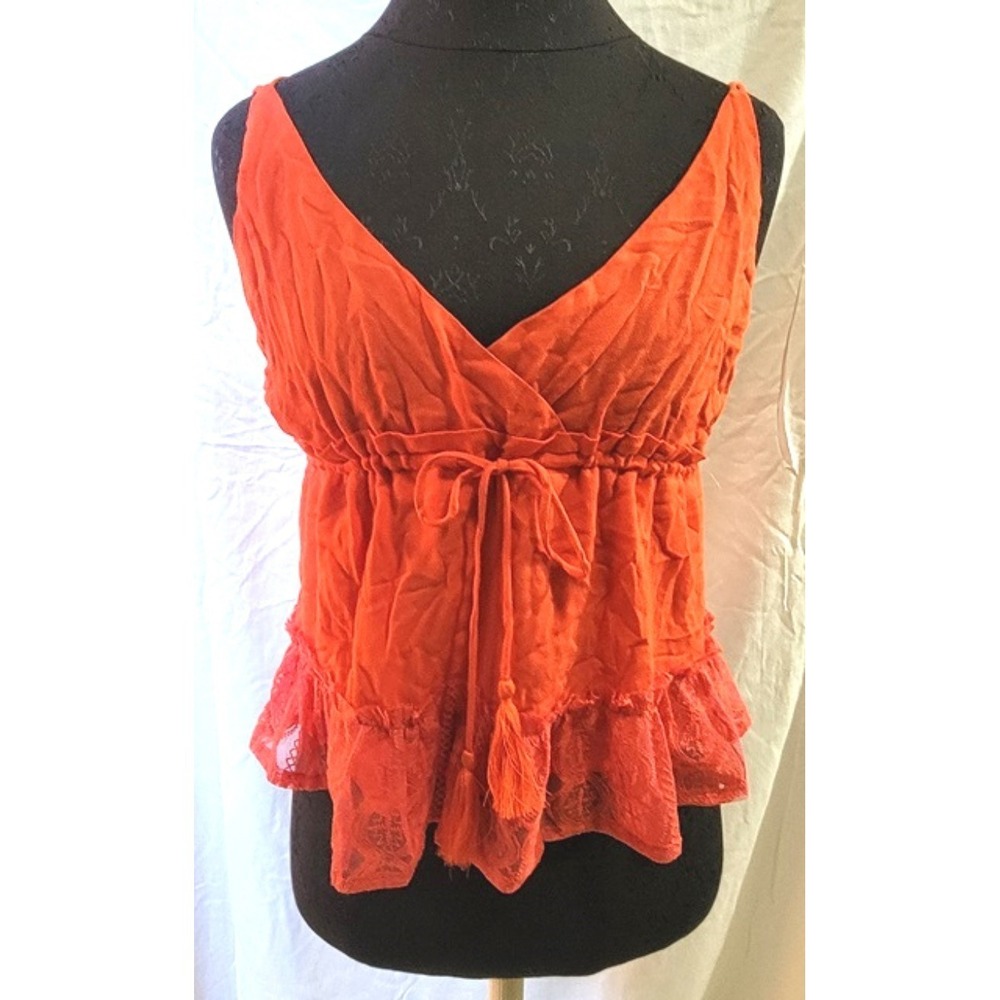 New Honey Punch Anthropologie L Strappy Ruffled Crepe & Lace Cami Orange #111652